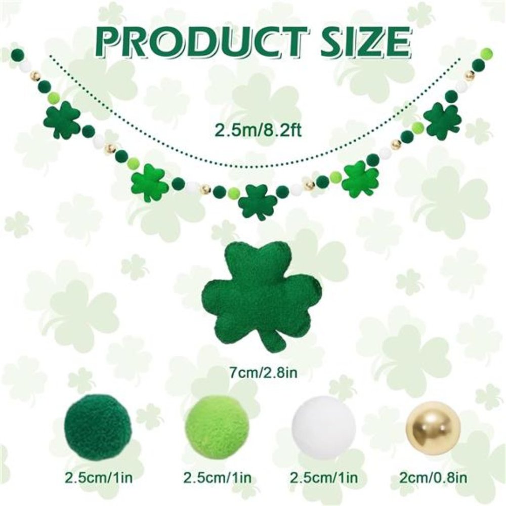 8.2Ft St. Patrick's Day Felt Ball Garland 3D Lucky Shamrock with Gold - Picture 2 of 8